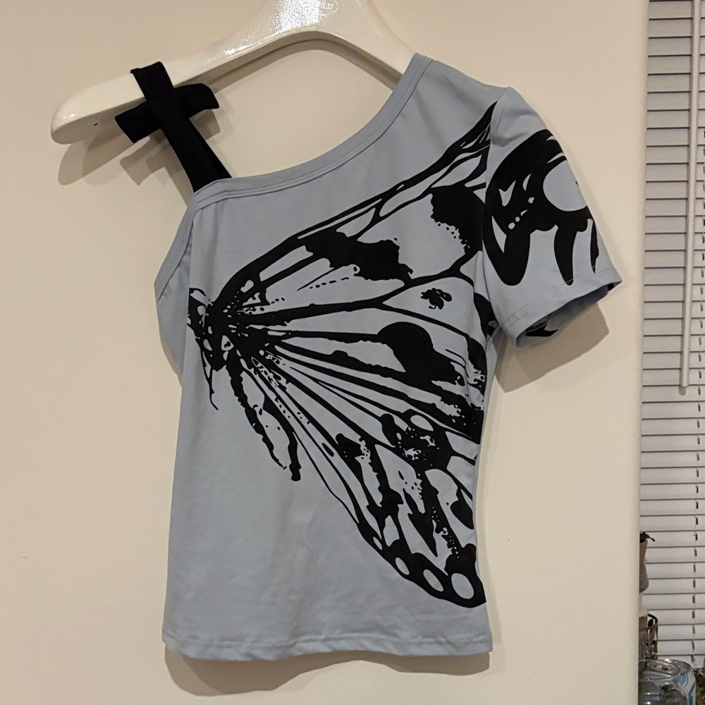 Butterfly Print One-Shoulder Top - Gray
